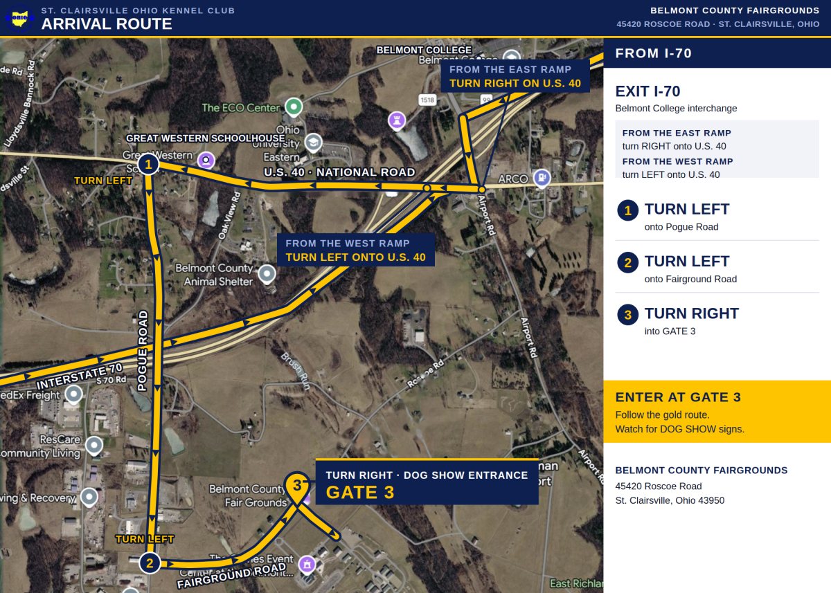 Arrival route map: exit Interstate 70 at the Belmont College interchange, turn onto U.S. 40, left on Pogue Road, left on Fairground Road, right into Gate 3.