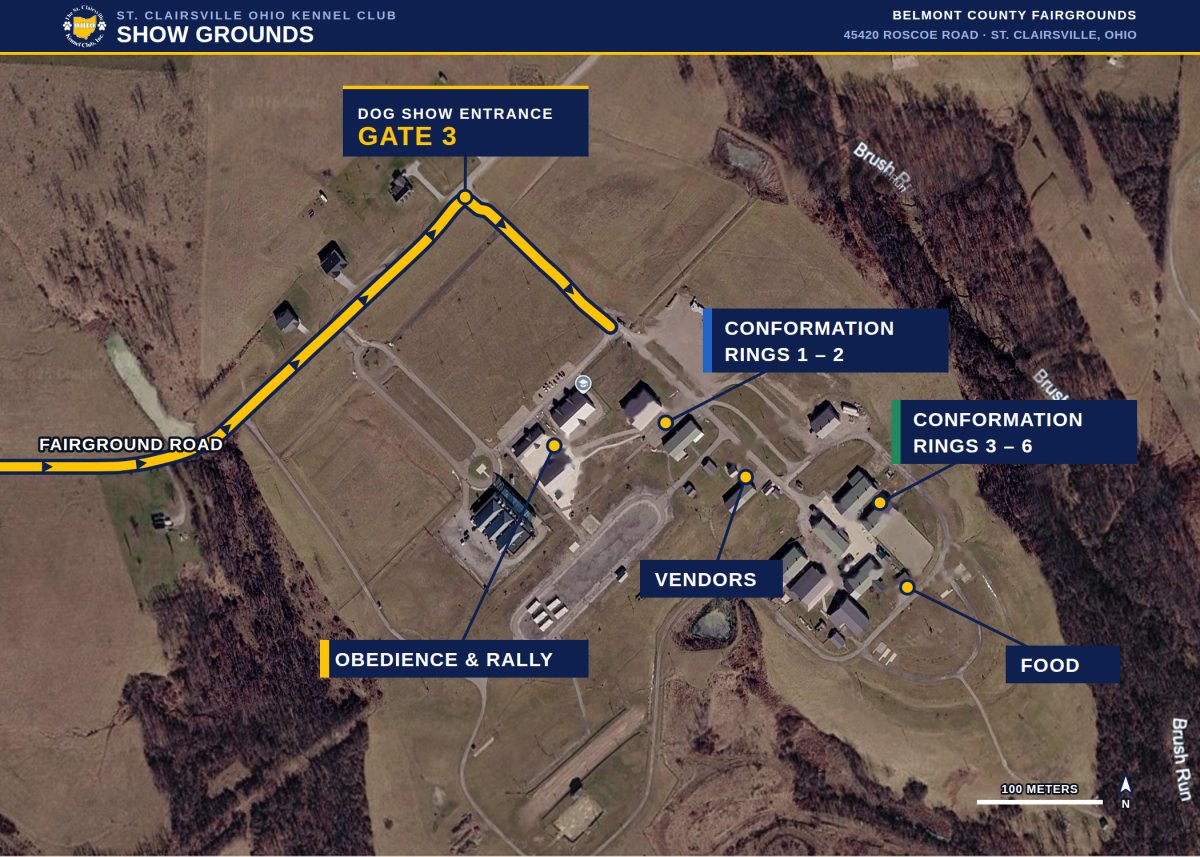 Show grounds map of the Belmont County Fairgrounds showing Gate 3, conformation rings 1 to 2 and 3 to 6, obedience and rally, vendors and food.